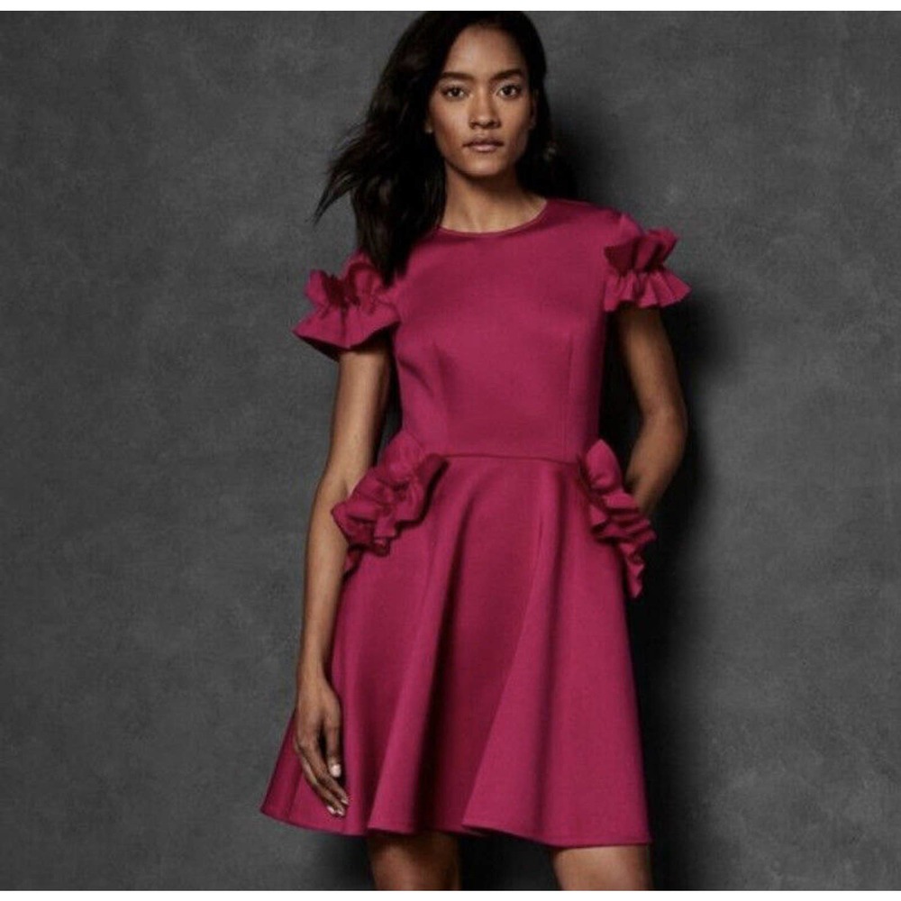 Ted Baker Luuciee Fit Flare Ruffle Scuba Dress Barbiecore Valentines Size 1 XS - Picture 4 of 12